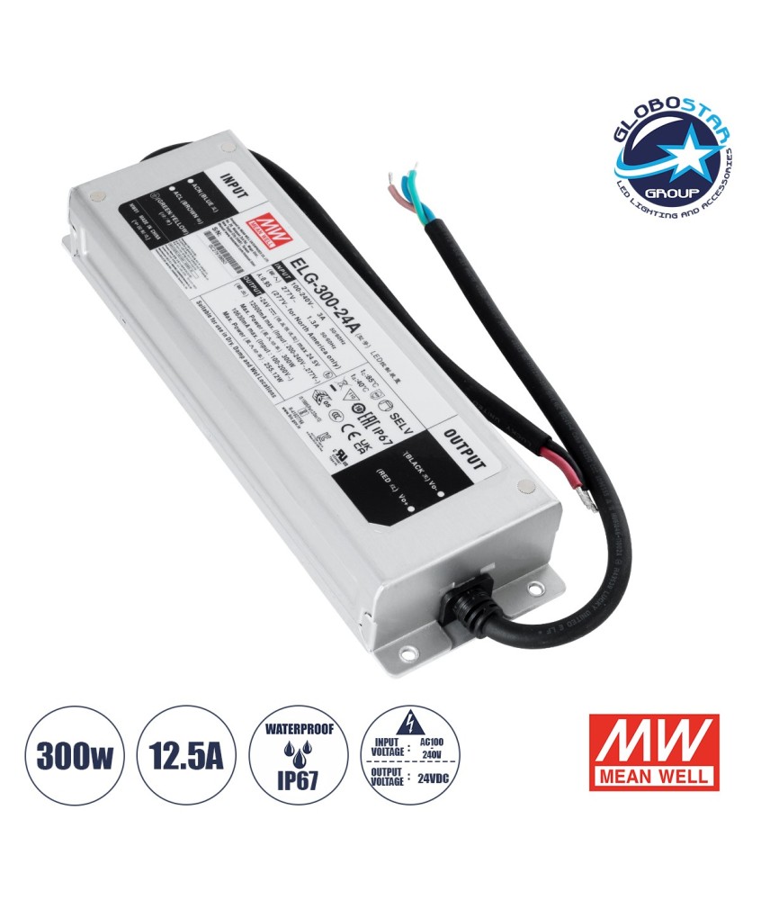 GLOBOSTAR® MEANWELL-ELG-300-24A 90790 Τροφοδοτικό-Μετασχηματιστής SELV 300W 12.5A DC 24V Αδιάβροχο IP67 - AC 220-240V σε DC 24V - Ρυθμιζόμενο από 22.4VDC έως 25.6VDC - Μ24.6 x Π7.7 x Υ3.95cm - 3 Χρόνια Εγγύηση